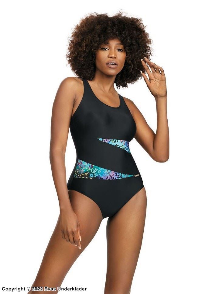 One-piece swimsuit, wide shoulder straps, plain back, colorful leopard